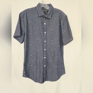 Express Blue Button Down Pink Flamingos Short Sleeves Size S